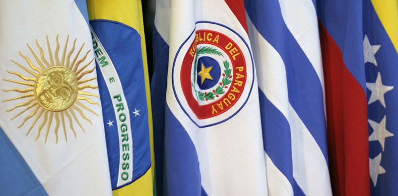 The Paraguayan flag is seen next to other members of the Mercosur during the XLIII Mercosur presidential summit in Mendoza, 1050 Km west of Buenos Aires, Argentina on June 29, 2012. AFP PHOTO / Juan Mabromata